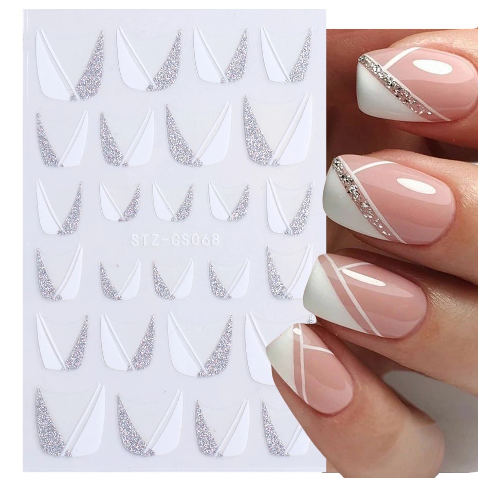 1 Lembar / Pak Stiker Kuku 3D Gaya Perancis Motif Geometri + Glitter Untuk Dekorasi Nail Art / Manicure