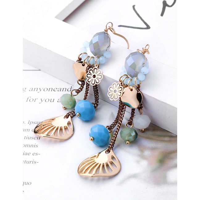 LRC Anting Gantung Fashion Gold Glass Ball Studded Tassel Earrings F55542