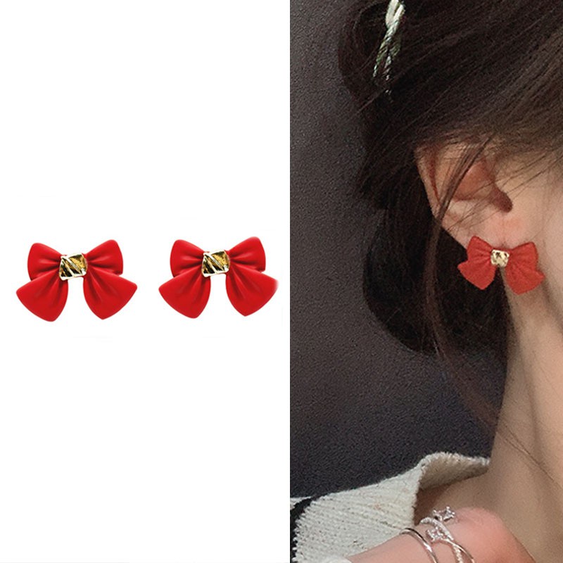 Anting 925 Silver Needle Bentuk Pita Warna Merah Untuk Wanita