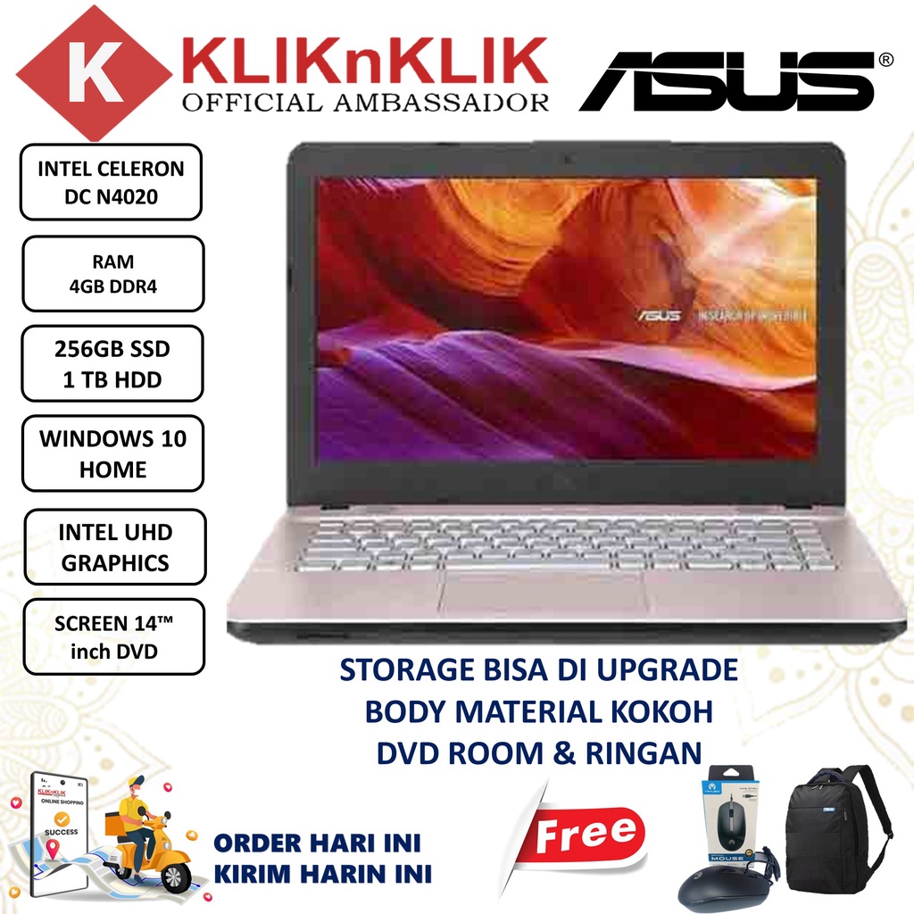 LAPTOP BARU ASUS VIVOBOOK X441MAO ROSE GOLD N4020 RAM 4GB HDD 1TB WIN10 HOME GARANSI 1 TAHUN-7