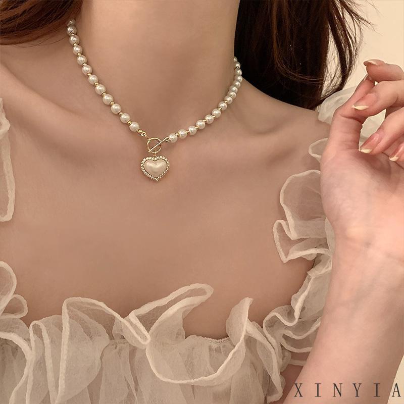 【COD】Kalung Love Cinta Mutiara Wanita Fashion Korea Elegan Rantai Mewah Liontin Bentuk Hati Vintage Klavikula Pesona Hadiah Hari Valentine