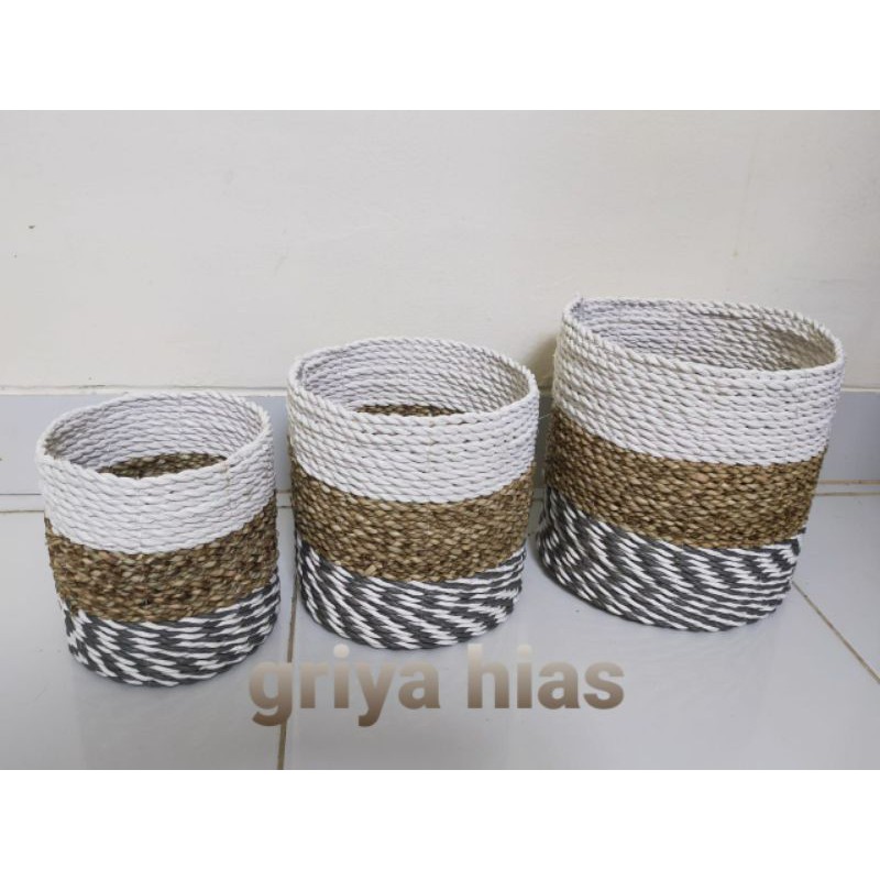 cover pot anyaman seagrass mini loly/vas bunga/pot tanaman indoor 1 set isi 3pcs