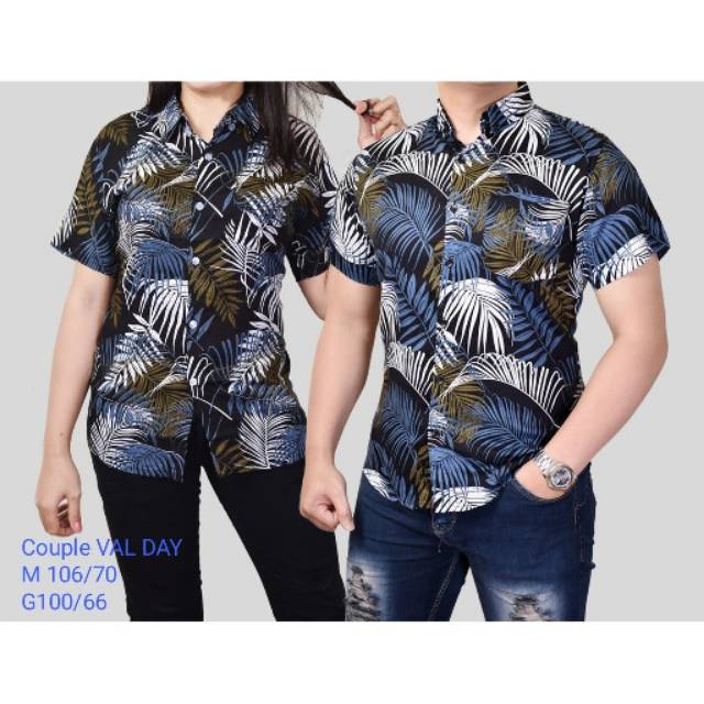 Kemeja Couple hawaii motif daun lengan pendek - baju pasangan val day