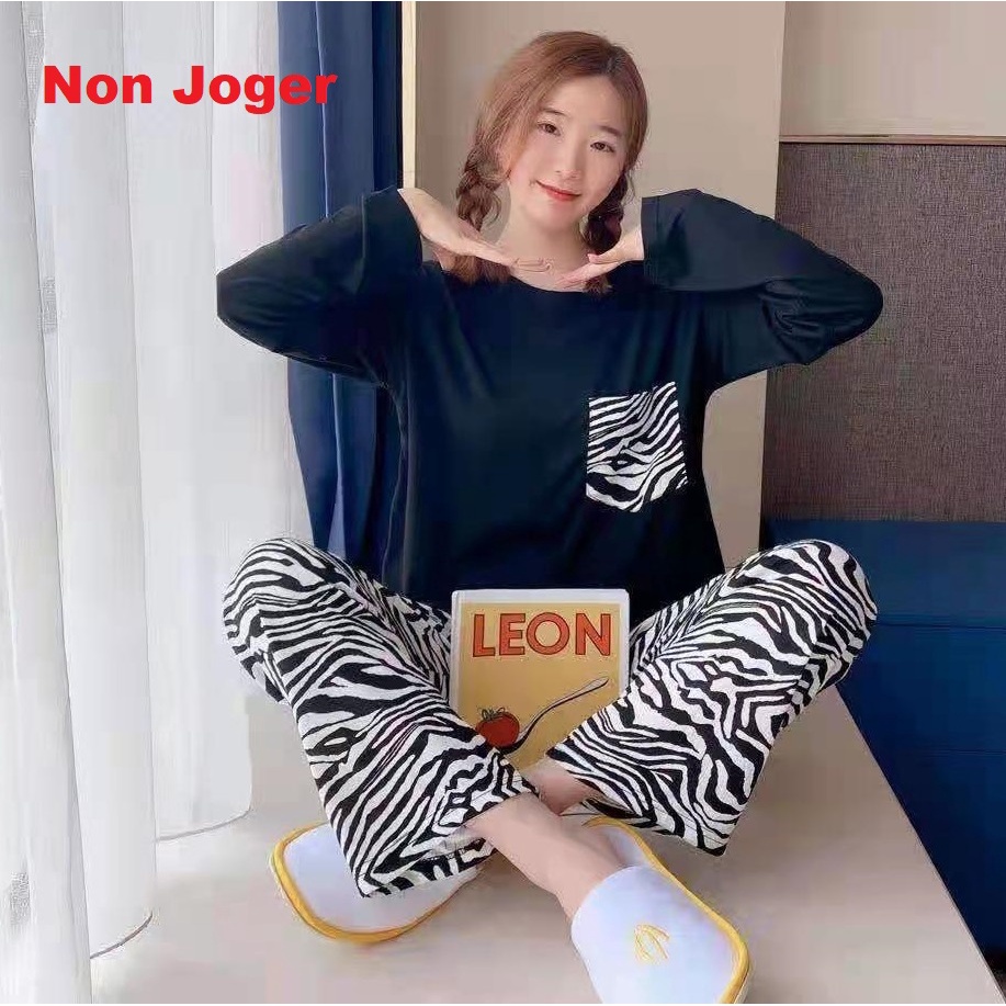 AJW Shop Setelan Wanita Import Joger | Setelan Baju Tidur Wanita | Piyama Wanita-Hitam Belang