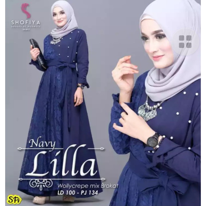 Gamis Lilla Mix Brukat Terbaru / Gamis Modern / Busana Muslim Terbaru / Gamis Murah-Navy