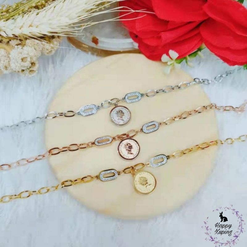 Gelang titanium wanita anti karat rantai gantungan koin