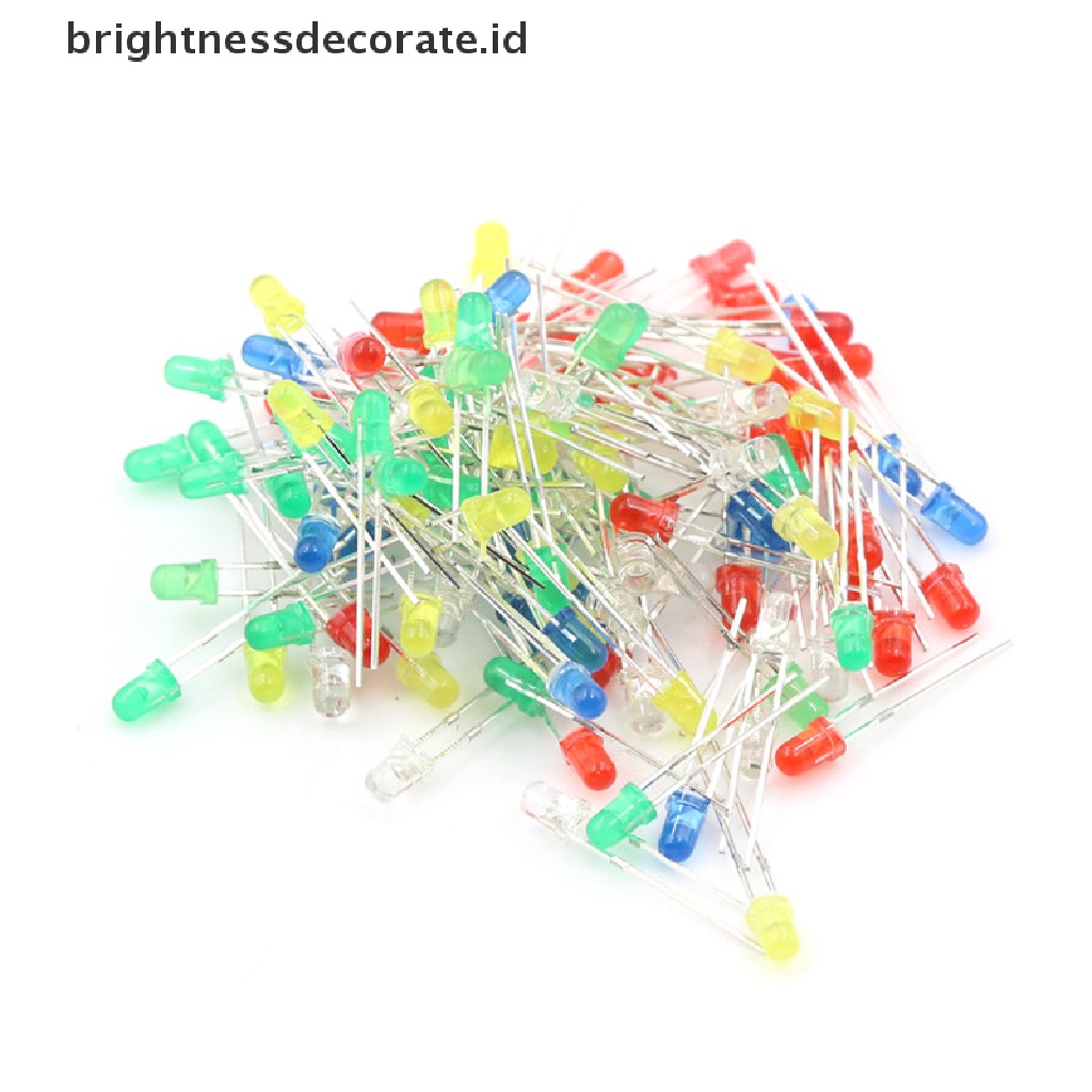 100 Pcs / Set Dioda Pemancar Cahaya Led 3mm Warna Merah Hijau Putih Biru Kuning 20ma 2 Pin