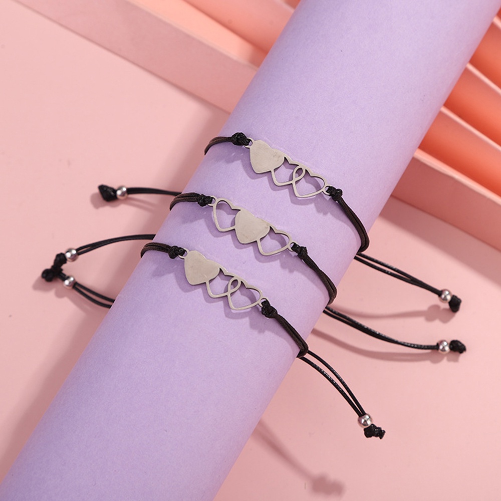 3pcs / set Gelang Tali Kepang Dengan Liontin Hati Motif Tulisan Sisters Untuk Wanita