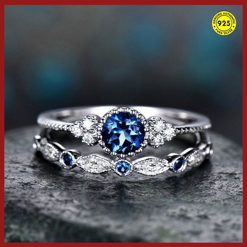 Cincin Sterling Silver 925 Bertatahkan Zamrud Zircon Sapphire