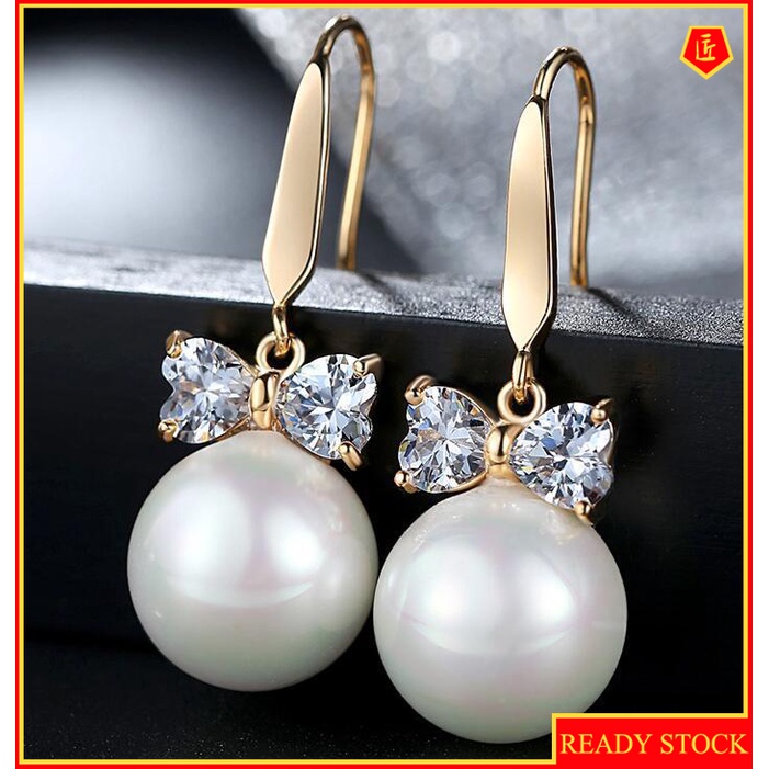 [Ready Stock]Women's Bow Pearl Diamond Earrings Small and Cute