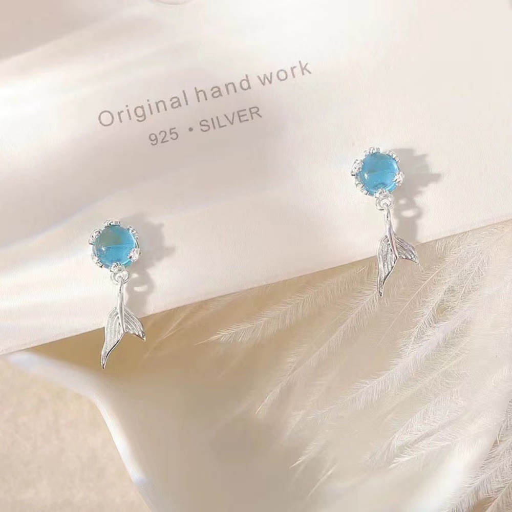 Anting Stud Silver S925 Bentuk Ekor Mermaid Aquamarine Warna Biru Gaya Korea Untuk Wanita