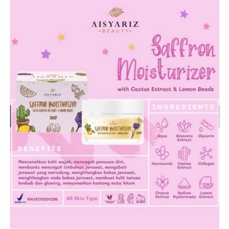 AISYARIZ SAFFRON MOISTURIZER WITH CACTUS DAN LEMON/MOISTURIZER WAJAH/SAFFRON MOISTURIZER AISYARIZ/SKINHELP/MASKER WAJAH