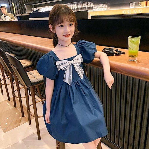 Baju Anak Cewek Korea Lengan Pendek Motif Dress Pita Renda K57