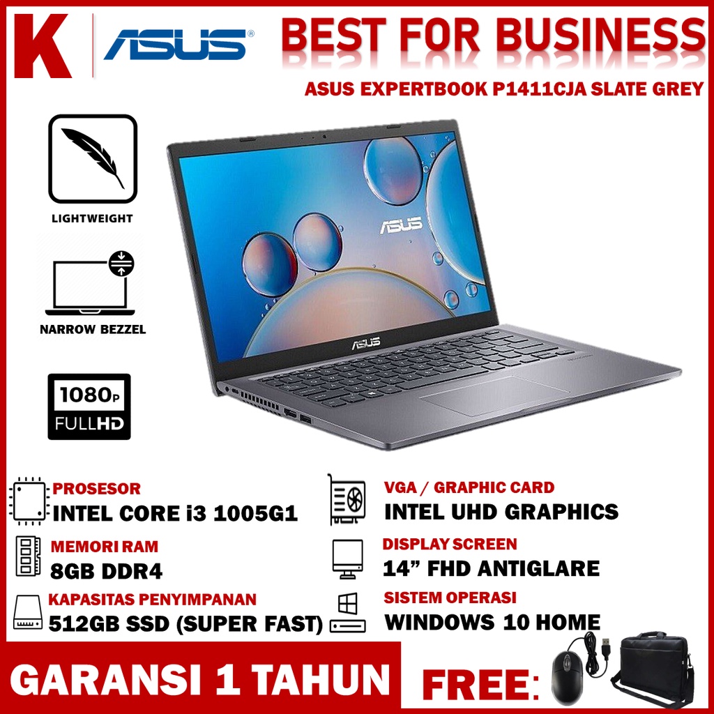 Laptop Asus Expertbook P1411CJA Intel Core i3 1005G1 4GB 512GB SSD FHD Grey-RAM 8GB