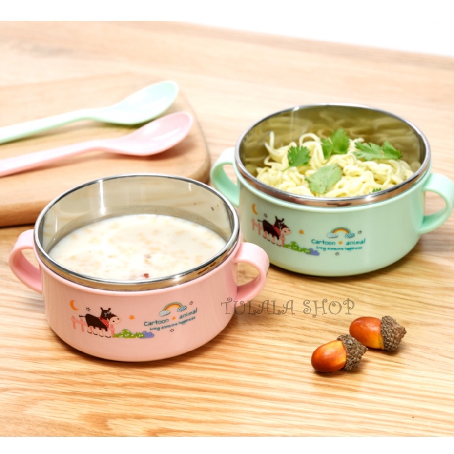 [TULALA SHOP]Kids Feeding Bowl Stainless Steel Spoon Mangkuk Bubur Makan Sup Sendok Karakter Bayi Anak/Set Mangkuk Sup Bahan Stainless Steel Anti Jatuh Dan Anti Panas Dengan Tutup Telinga Ganda Untuk Anak