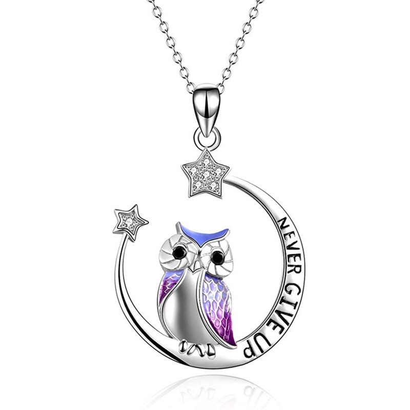 Fancyqube Kalung Sterling Silver 925 Dengan Liontin Bulan Bintang Burung Hantu Aksen Kristal Biru Untuk Wanita