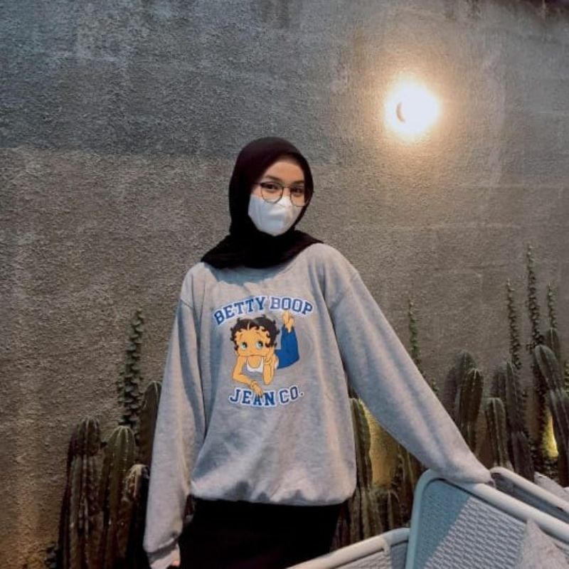 Sweater Oblong Wanita Betty Boop Fleece - Sweater Crewneck - Outerwear Wanita