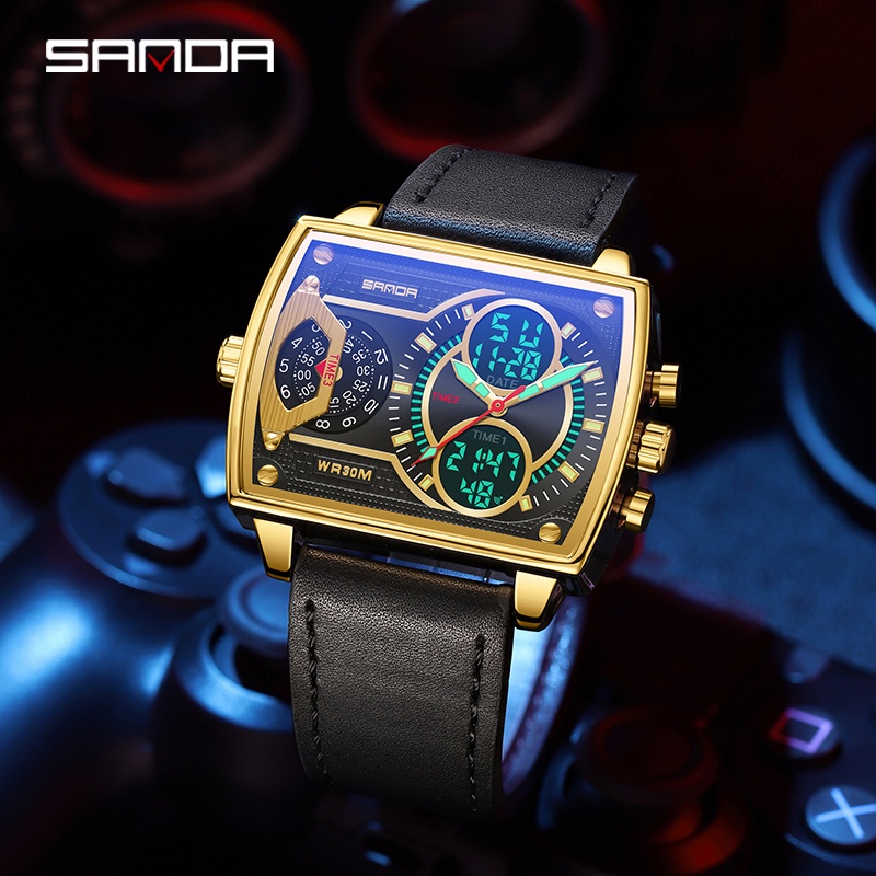 SANDA 6032 Jam Tangan Pria Digital Analog Tali Kulit 3 Time Zone Display EL Backlight WATCHKITE WKOS