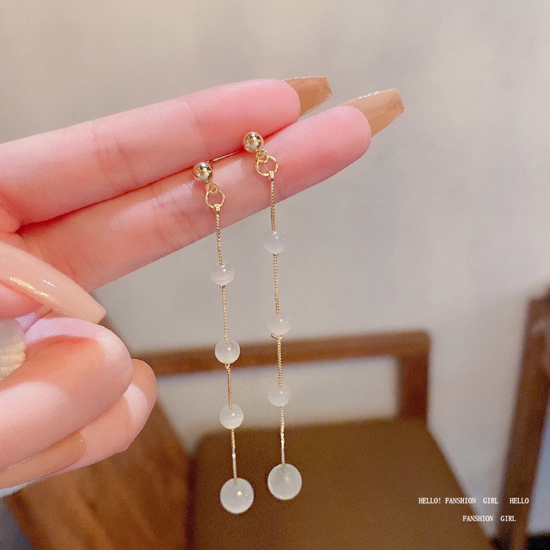 Anting Tusuk Gantung Panjang Bahan Sterling silver 925 Hias Opal Untuk Wanita