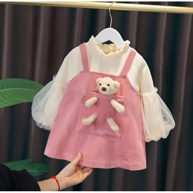 Dress lengan panjang bayi / baju dress anak / pakaian anak perempuan dengan rok motif boneka beruang