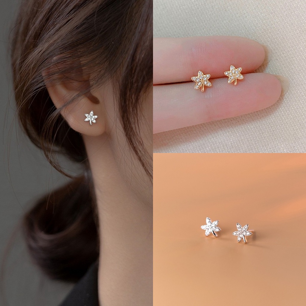 【COD Tangding】Anting Bentuk Daun Maple Aksen Zircon Gaya Korea Untuk Wanita