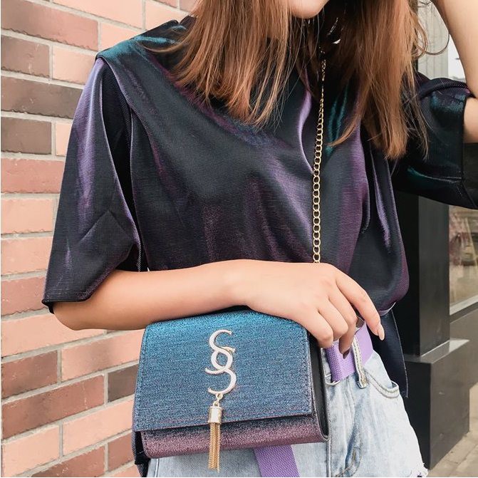 tas slempang hand sling bag ungu biru gradien rantai panjang wanita