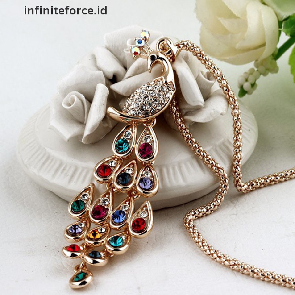 Infiniteforce.id Kalung Rantai Panjang Wanita Liontin Burung Merak Hias Kristal Multi Warna