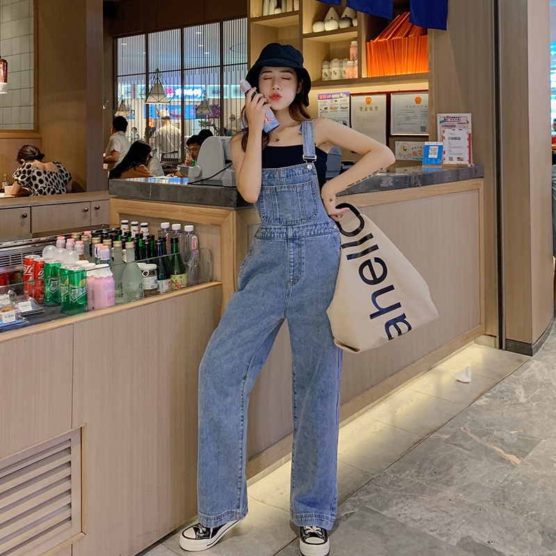 Jumpsuit Celana Lebar Kaki Overall denim panjang Tali Ikat Celana Wanita Tinggi Pinggang Longgar dan Melangsingkan Denim Suspender Celana Wanita