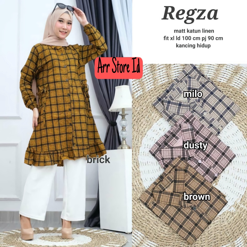 Baju Atasan Tunik Wanita Terbaru Motif Kotak Flanel Ld 100 P 90 Katun Linen Regza Dress Allsize