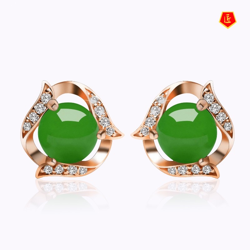 [Ready Stock]Hetian Jade Ear Studs Women's S925 Silver Elegant