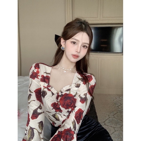 Suhao Rose Shirt Cropped Ruffled Long Sleeve Shirt French Top