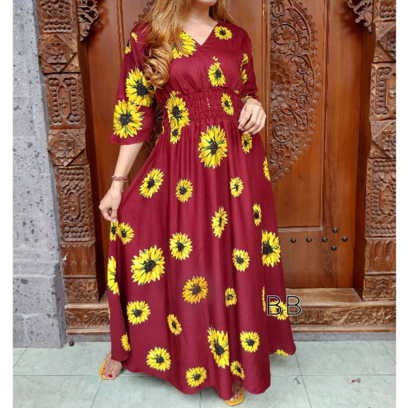 GAMIS BALI / DRES MOZA ( lengan lonceng)-Flower maroon