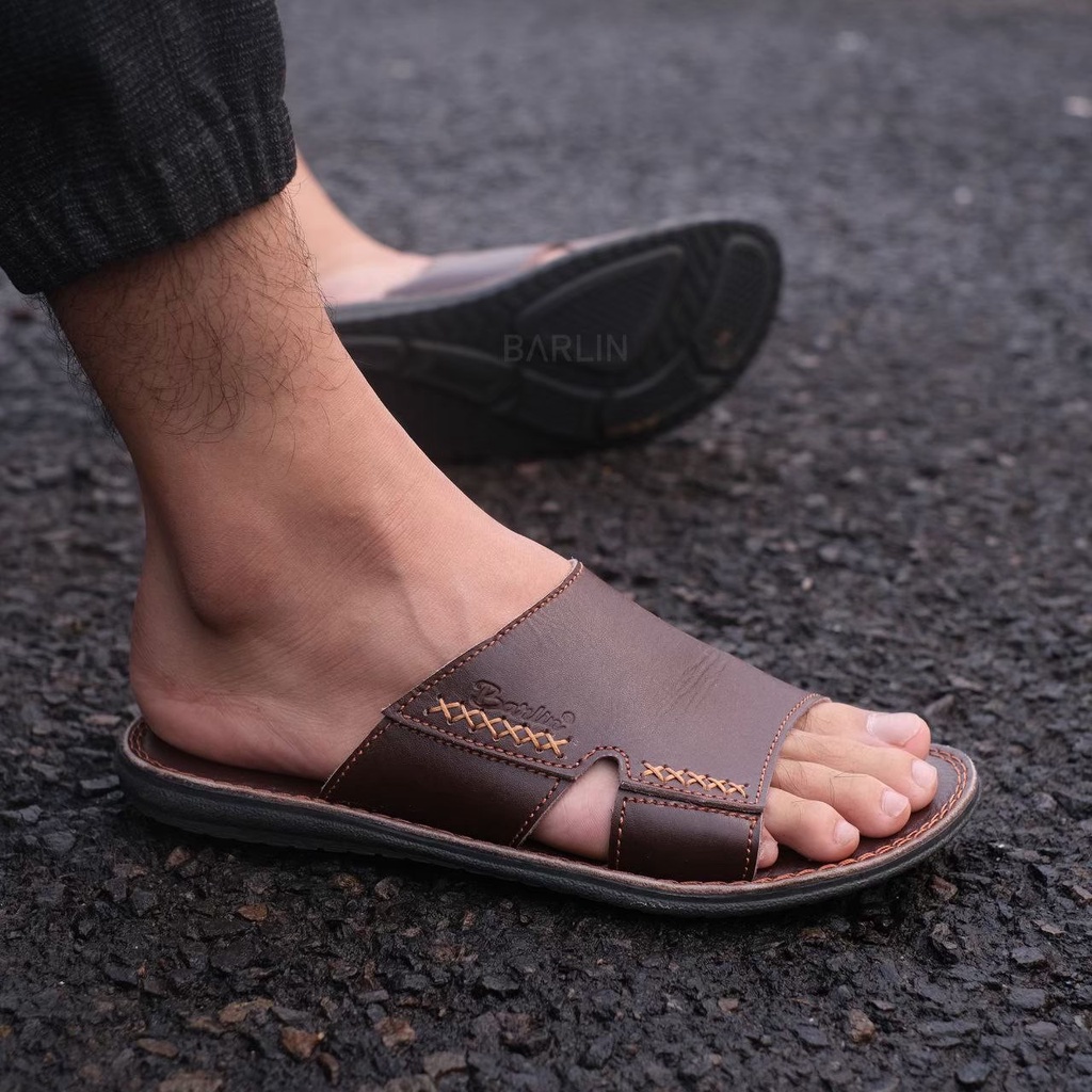 Sandal Kulit Sapi Asli Slide Pria Casual Formal Pesta Kondangan Original Barlin Gaya Kekinian Terbaru Trendy Murah Terlaris Coklat Hitam Tan