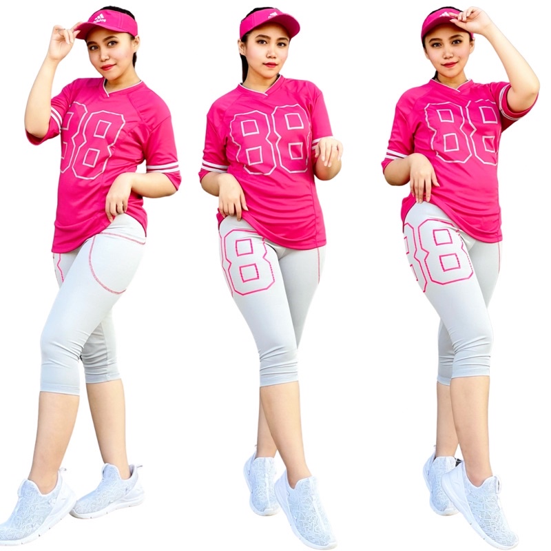 Setelan Baju Senam 88 Pink Abu Set  Baju Olahraga  Gym Fitness Running Jogging Cycling Sepeda Gowes 