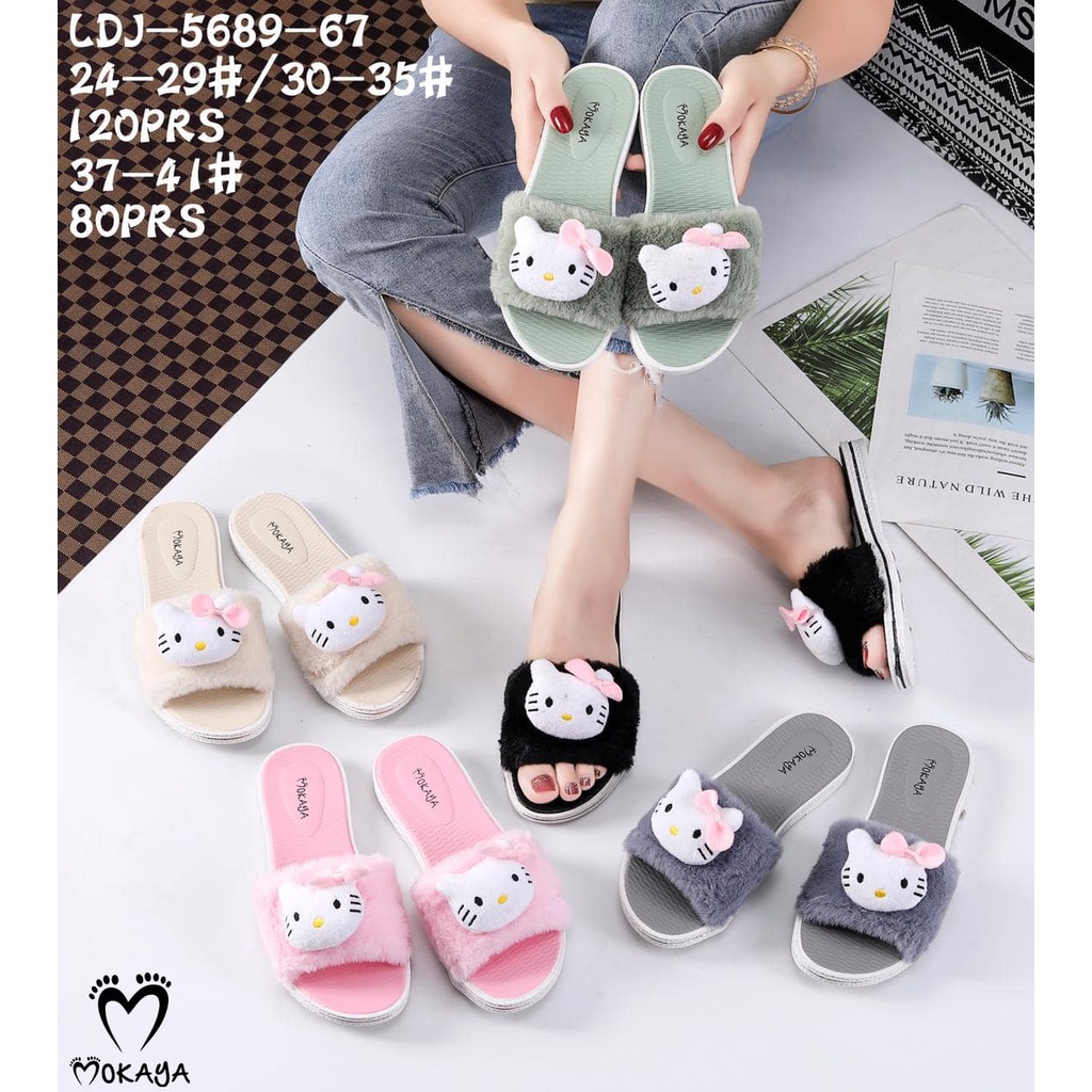 Sandal slop wanita bulu boneka Hello Kitty pita pink Lucu Imut Import Mokaya /sz 37-41 (LDJ-5689-67)