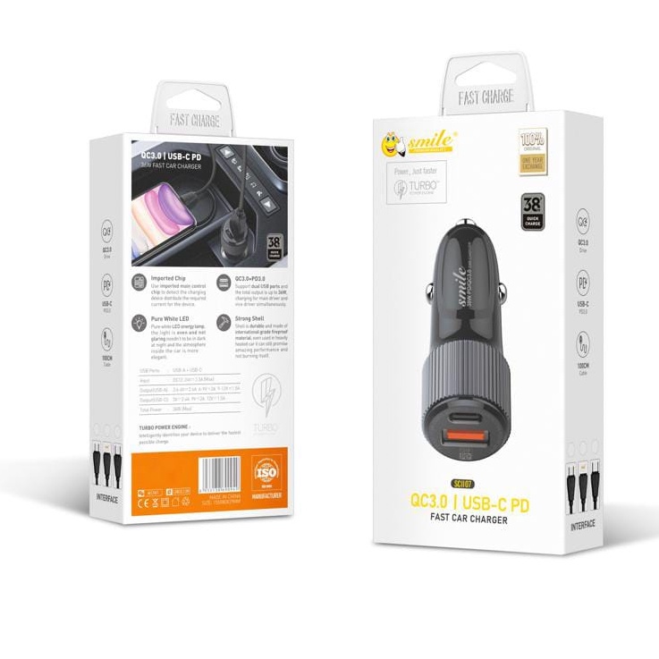 Charger Mobil Fast Charging 38 Watt 2 Port (Tipe C + USB A) iPhone Android