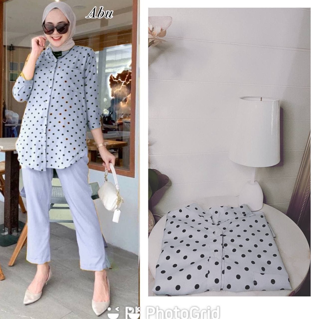 One Set Isla Renata Polkadot Shakila Kield Premium Baju Setelan Wanita Kekinian Set Celana Baggy Pants LD 110 cm