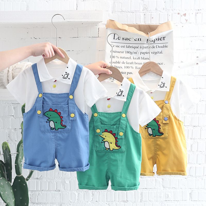 Set jumpsuit overall bayi anak balita Dino bordir 3d import