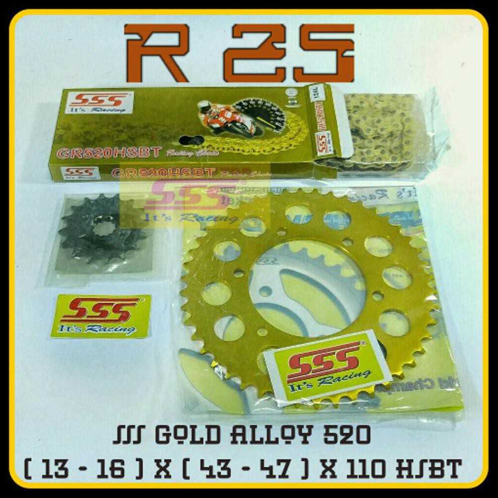 Terlaris!! R25 : Gearset / Girset / Gear Set / Gir Set Yamaha R 25 Sss Gold Alloy 520 Rantai Sss 110