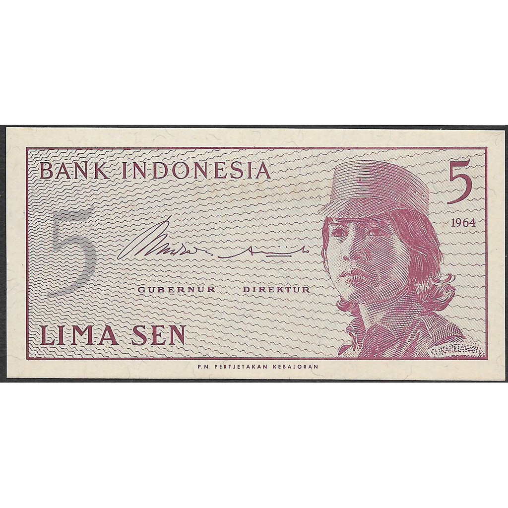 Uang Kertas Indonesia 5 Sen Dwikora Sukarelawan 1964 UNC Baru Gress