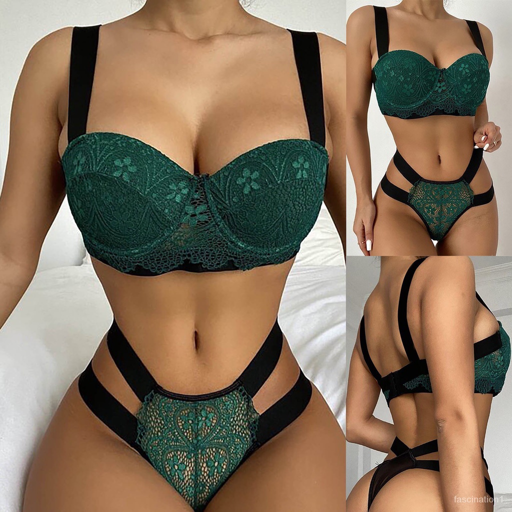 2021 Fashion Stitching Sexy Underwear Suit Ladies Strap Lace Crochet Cutout Teddy Lingerie Embroider