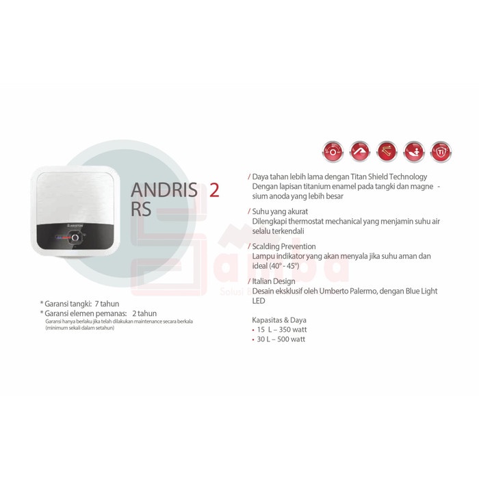 Heater-Water- Ariston Andris2 Rs 30 L 500 Watt / Water Heater Listrik 30 L -Water-Heater.
