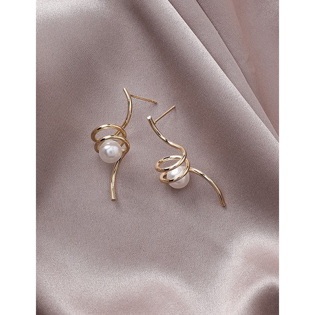 LRC Anting Tusuk Fashion Gold 925 Silver Needle Geometric Spiral Metal Wrap Pearl Earrings D24595