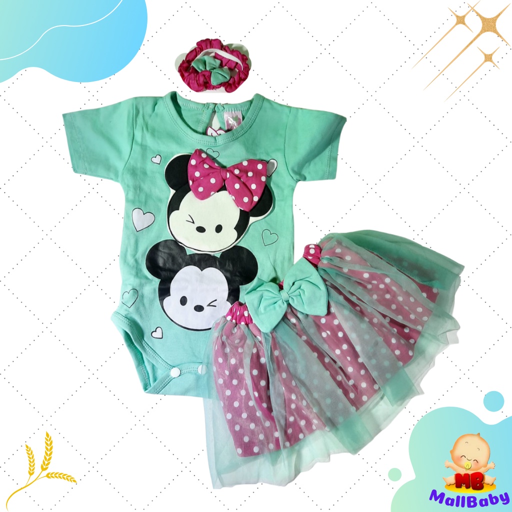 Baju Bayi Perempuan 0-6 Bulan Setelan Jumper Bayi Perempuan Lucu Set Bandana Rok Tsum Tsum