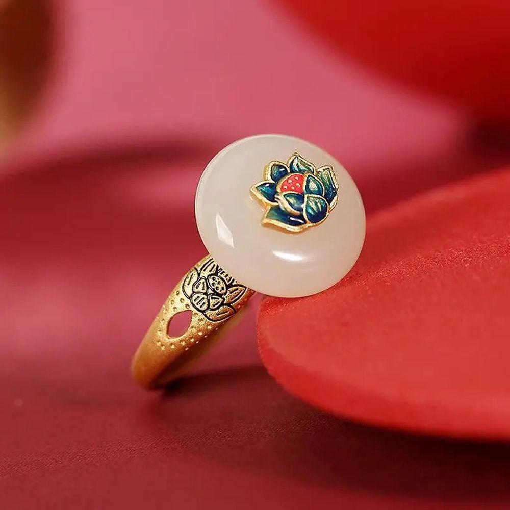 Mxbeauty Cincin Gaya Cina retro Temperamen Trendi Perhiasan Pesta Elegan Adjustable Lotus