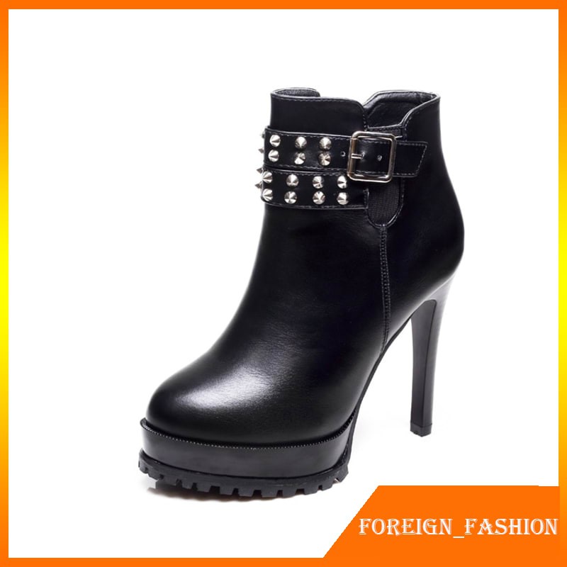 Ankle Boots Wanita Boots Hak Fashion Thin High Heels Short Boots Women Rivets Ankle Boots Round