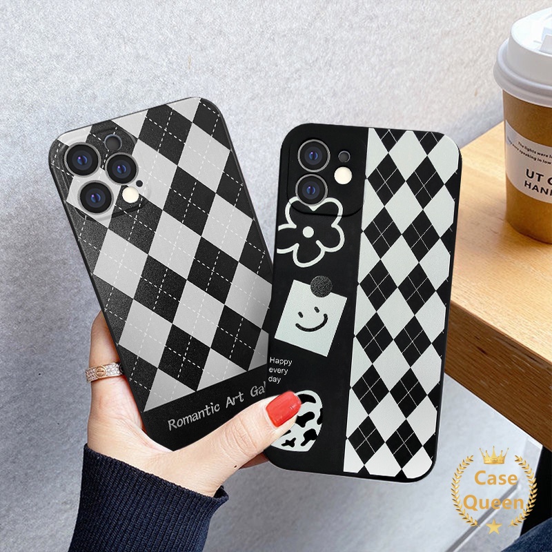 Straight Side Case Vivo Y15S Y20s G Y12A Y15A Y11s Y20A Y20G Y30G Y17 Y15 Y91 Y50 Y30 Y30I Y93 Y95 Y31 2021 Y53 Y51 Y12I Vivo Y21S Y21 2021 Y33S Y12 Y20S Y53S Y51A Y11 Y20 Y20I Y91C Simple Black White Lattice Smiling Flower Soft Tpu Cover