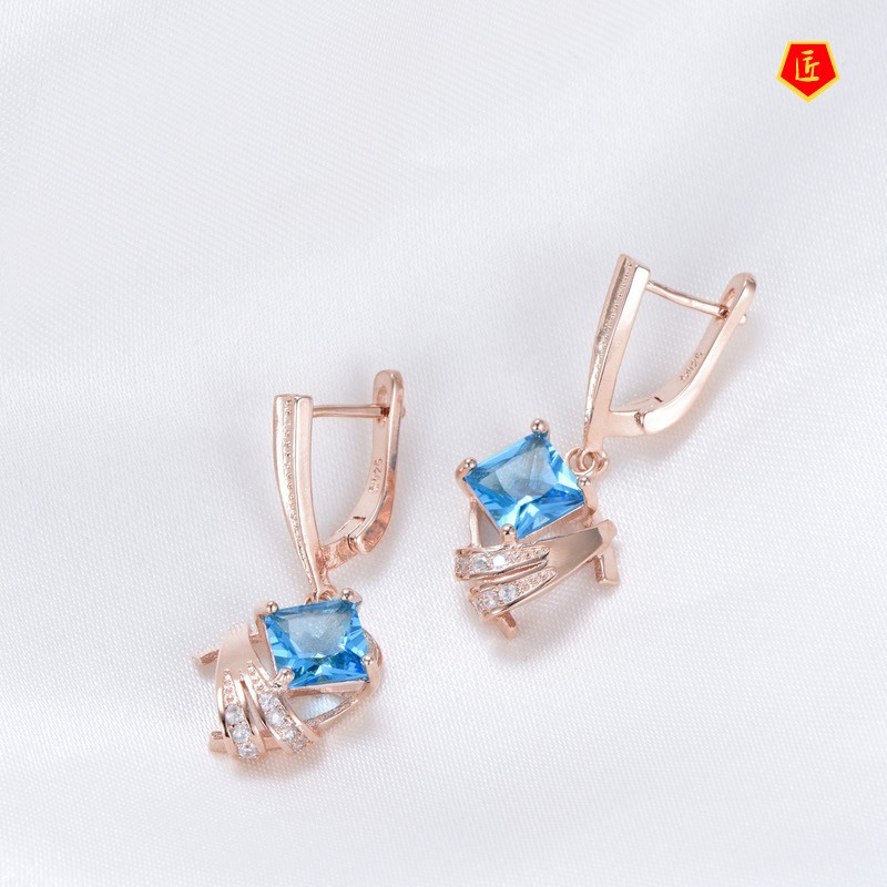 [Ready Stock]Women's Sea Blue Topaz Rose Gold Stud Earrings