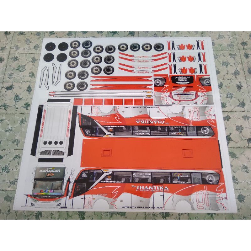 Stiker Vinyl Anti Air Pola Miniatur Bus New SHANTIKA Merah Putih JB3+SHD Skala 1:15 Jumbo