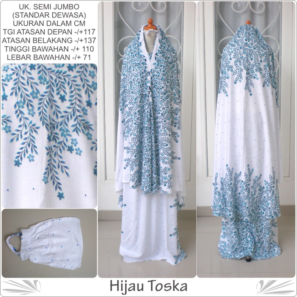 Mukena bali dewasa katun rayon motif bunga hijau toska 390 dasar putih semi jumbo murah